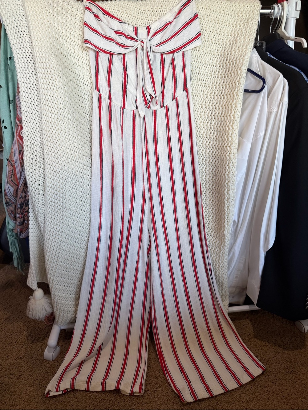 Love Tree Red and White Strapless Tie-Front Wide-Leg Jumpsuit